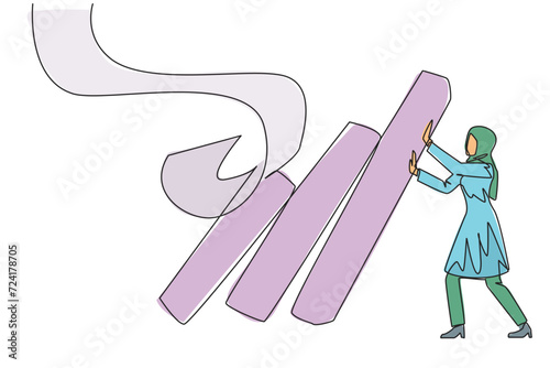 Single continuous line drawing Arab businesswoman holds back pile of walls collapsed bills. Withstand onslaught of bills that accumulate by holding back unnecessary business expenses. One line vector