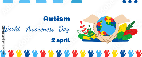 Horizontal Border World Autism Awareness Day. flat Vector banner with Earth globe in hands, plants.