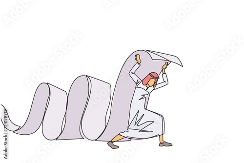 Single continuous line drawing Arabian businessman held long roll of billing paper with shoulders. Bear and keep paying amount of bills so the business continues to run. One line vector illustration