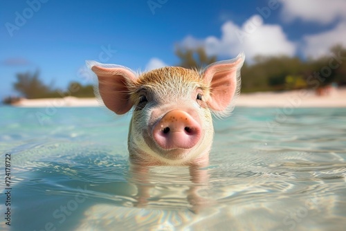 A curious domestic pig stands on the edge of a calm body of water, its snout raised to the sky, in a moment of peaceful reflection