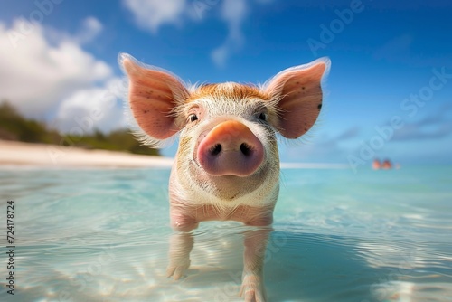 A curious domestic pig stands in the calm waters of the beach, gazing up at the cloud-dotted sky, its snout raised in wonder at the vastness of the world
