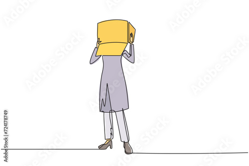 Single continuous line drawing Arabian businesswoman stood up and covered head with cardboard box. Businesswoman who are embarrassed because unable to pay several bills. One line vector illustration