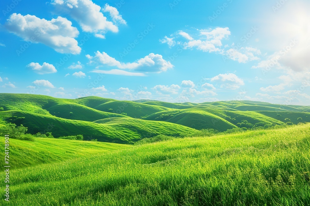 Obraz premium Landscape of green grass on slope with blue sky