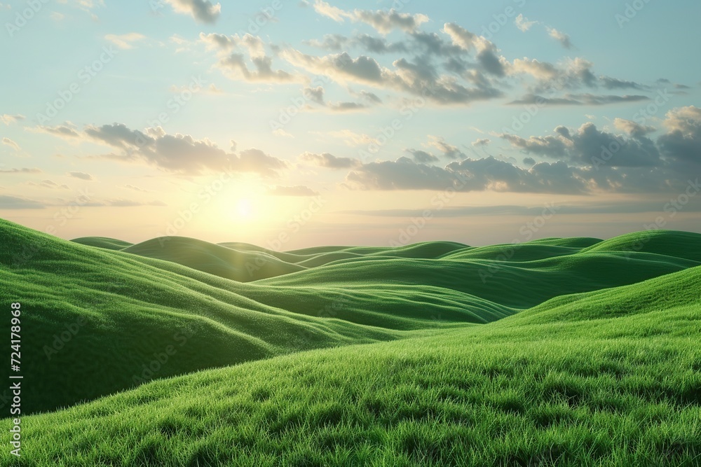 Landscape of green grass on slope with blue sky and sunrise