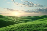 Landscape of green grass on slope with blue sky and sunrise