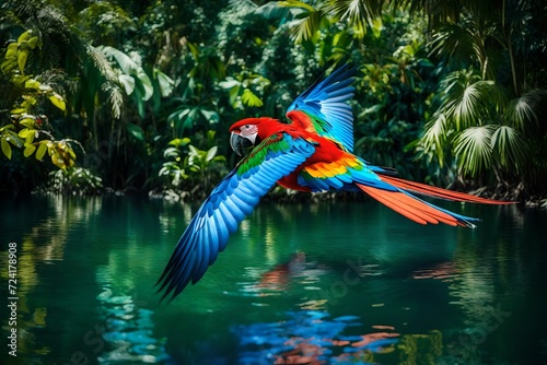 A colorful parrot flying exuberantly over a tropical lake, its bright feathers a stark contrast against the deep blue water and green foliage photo