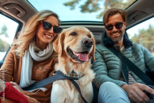 A stylish couple and their loyal brown dog enjoy a scenic drive in their car, donning fashionable sunglasses and chic clothing as they bask in the beauty of the great outdoors