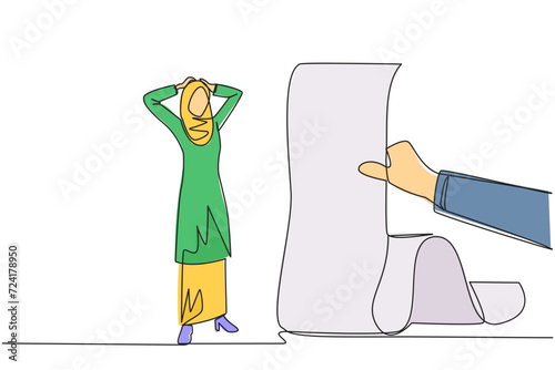 Single continuous line drawing Arab businesswoman stood in shock holding head with both hands, looking at bill thrust by the hand. Woman who have online bills must be paid immediately. One line vector