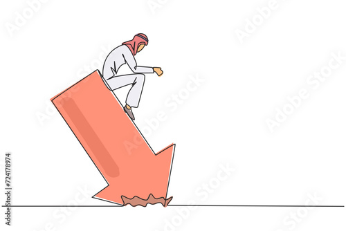 Single one line drawing of Arab sluggish businessman sits downcast on a swooping arrow stuck in the ground. Losses from the stock exchange. Heavy inflation. Continuous line design graphic illustration
