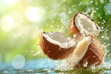 Fresh ripe coconuts falling in water with splashes on blurred green background