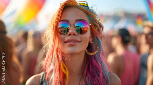 A young adult woman with colorful dyed hair and sunglasses enjoys an outdoor festival party or meeting in a crowd of people.