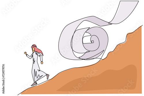 Continuous one line drawing Arabian businessman runs down hill while being chased by rolls of paper bills. Chased by ever-growing bills. Business failure. Single line draw design vector illustration