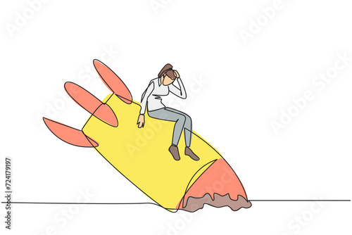 Single one line drawing businesswoman sits downcast on swooping rocket stranded and stuck at ground level. New business was destroyed. Unable to pay bills. Continuous line design graphic illustration