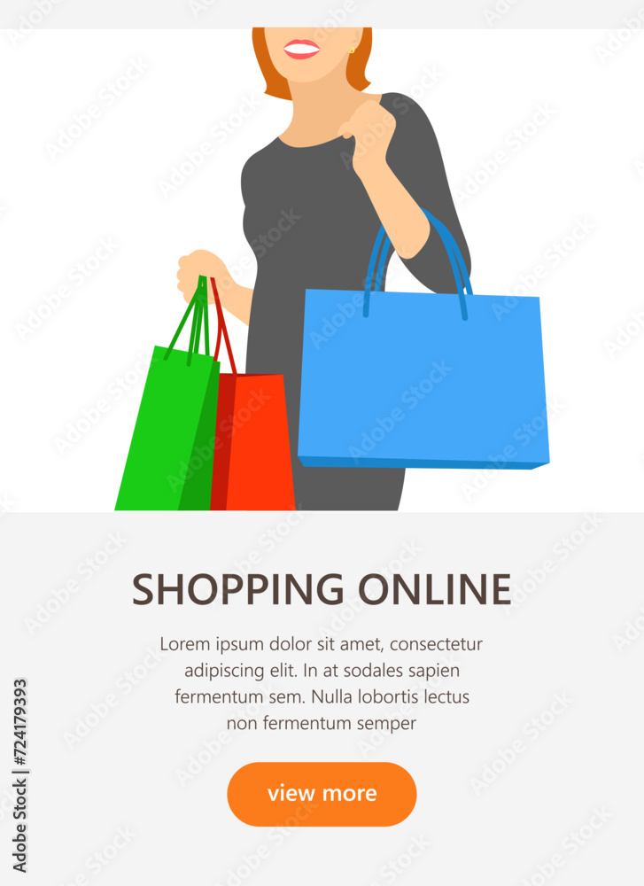 Vector template with woman with shopping bags. 