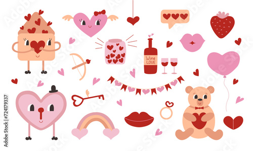 Valentine's Day kawaii cute set in retro style and peach fuzz trendy color with flat characters: heart, bear, envelope, lock with key. Love and wedding concept