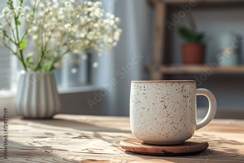 Mug mockup, minimalistic space aesthetic, shpes. Background. Wallpaper. Coffe cup. photo