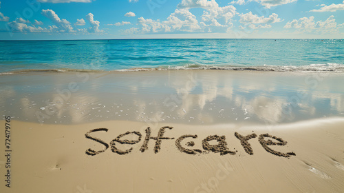 Sands of Self-Care: A Tranquil Reminder by the Shore. Generative AI