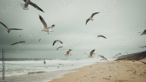 Majestic Seagulls Soaring Over Sandy Coastal Beach AI Generated