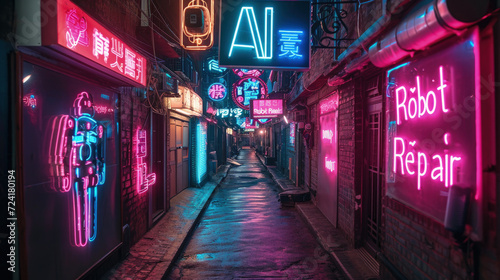 Neon street in cyberpunk city at night, shop signs AI and Robot Repair in grungy dark lane, view of store lights. Concept of dystopia, futuristic house, technology and future © karina_lo