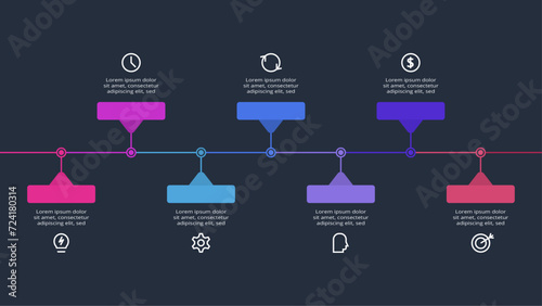 Timeline infographic with 7 elements, template for web, business, presentations. Template for web on a background.