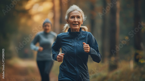 Old woman and friend running in the morning for marathon exercise in the woods. photo