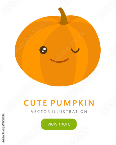 Vector vertical banner with cute pumpkin. text and button.