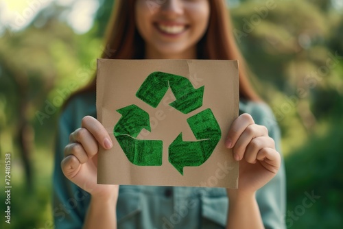 Young smiling woman holding placard with green recycling sign. Recycle concept