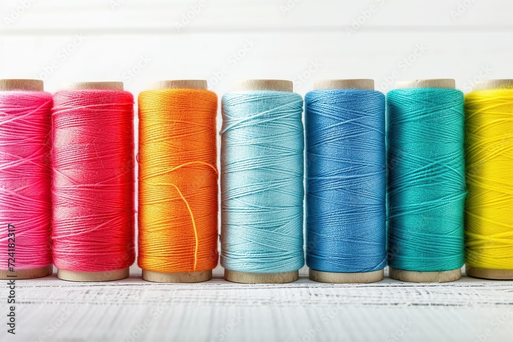 Colorful sewing threads on wooden background Colorful sewing threads on wooden background