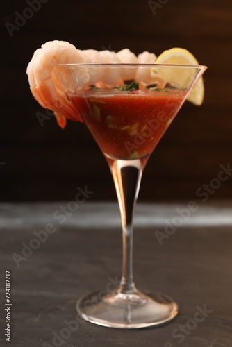 Wallpaper Mural Tasty shrimp cocktail with sauce in glass on grey table closeup Torontodigital.ca