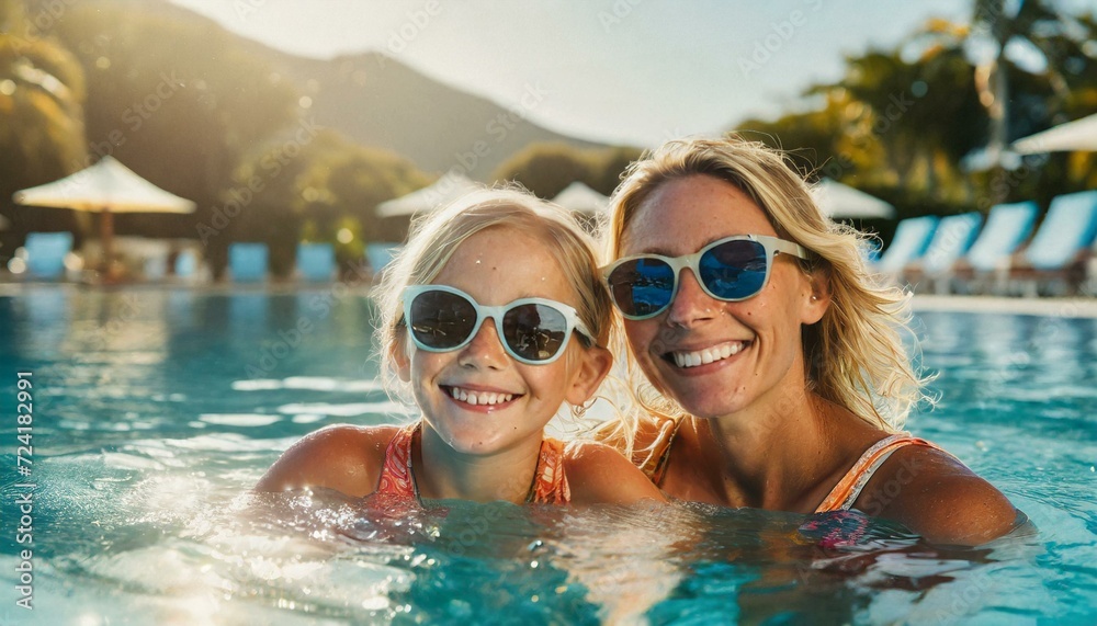  Mother and daughter enjoy a summer afternoon in a swimming pool, both wearing sunglasses and smiling