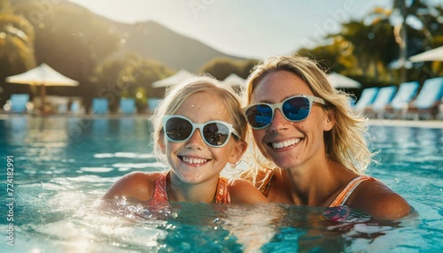  Mother and daughter enjoy a summer afternoon in a swimming pool, both wearing sunglasses and smiling