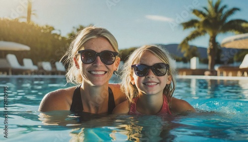  Mother and daughter enjoy a summer afternoon in a swimming pool, both wearing sunglasses and smiling