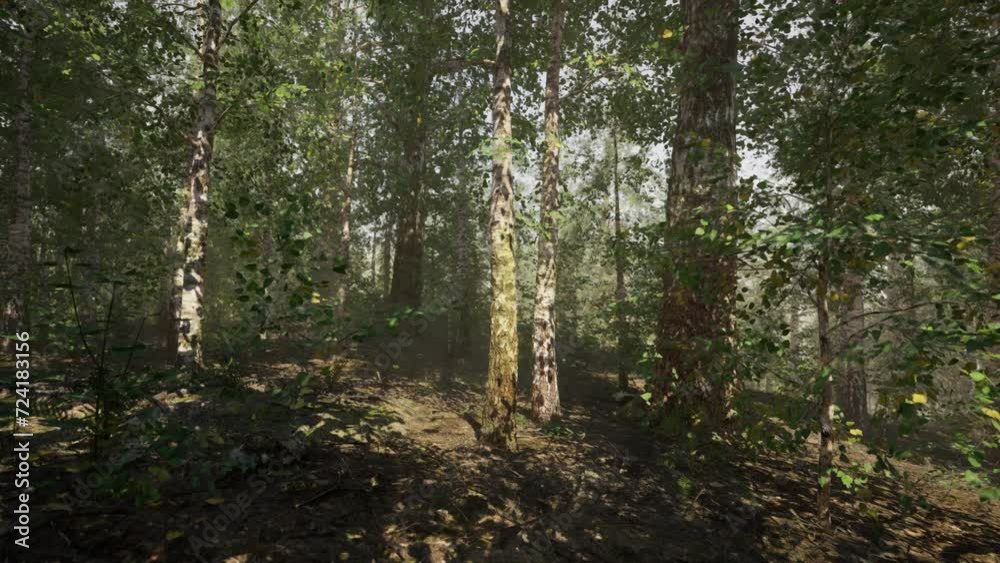A dense birch forest with tall trees and sunlight filtering through the leaves A dense birch forest with tall trees and sunlight filtering through the leaves
