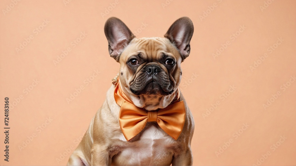 French Bulldog with a bow isolated on pastel orange background