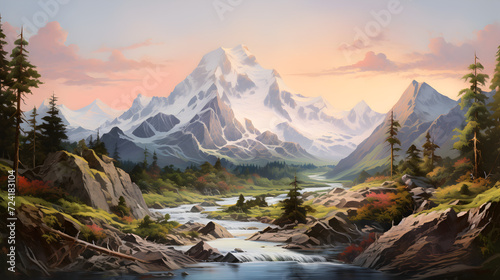 A painting of a mountain lake with a mountain in the background,,,
Fantasy landscape with mountain lake and forest. Digital painting illustration, panorama of the mountains,

 photo