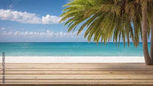 wooden table on white sand beach with palm trees  perfect for product display 
