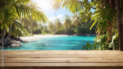 wooden table on beach with palm trees backdrop, perfect for product display, caribbean seascape