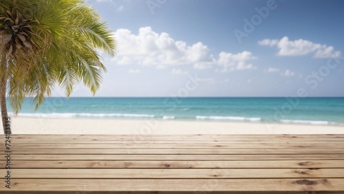 light wooden table on beach with palm tree backdrop  designs for product display