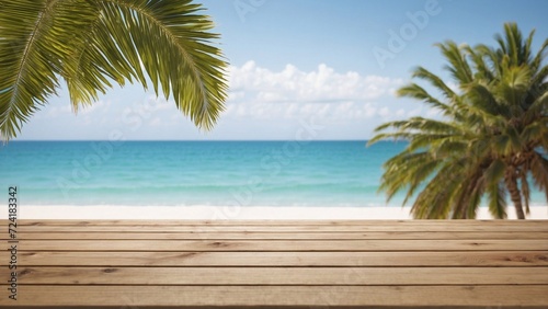 light wooden table on beach with palm leaves background, designs for product display