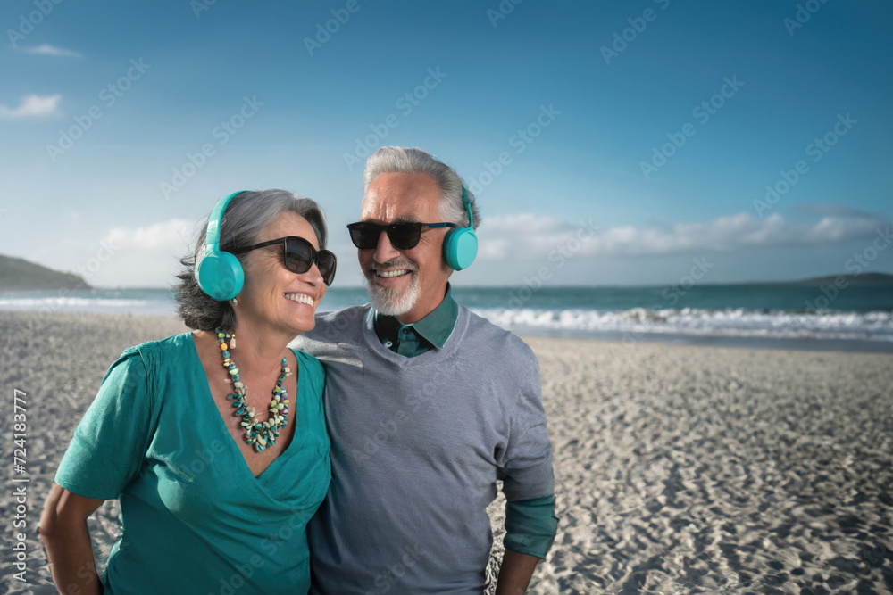 Elderly couple in sunglasses and headphones, smiling and enjoying a beach moment. The man in green, the woman in gray, adding elegance with a necklace, reflecting happiness and leisure
