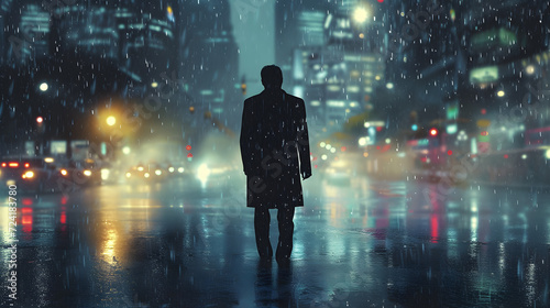 A businessman in a black suit is walking under the rain in a big city.