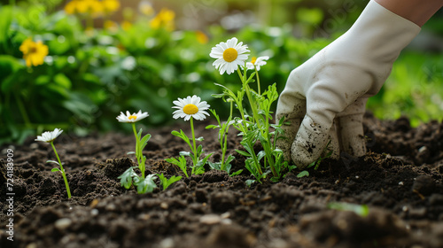 Gardening - a gardener plants a chamomile in the soil. photo