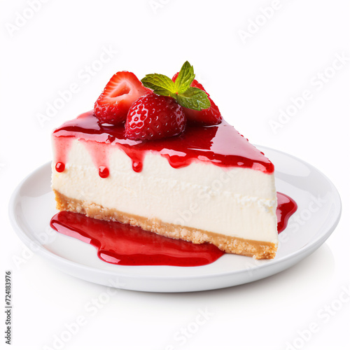 a slice of cheesecake with strawberries and mint on a plate