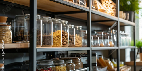 Transparent jars filled with various dry foods are neatly lined up on metal shelves, modern and organized pantry. healthy living, pantry management or minimalist lifestyles. photo