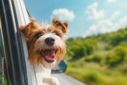 Head of happy smiling dog looking out of car window. Curious terier enjoying road trip on sunny summer day
