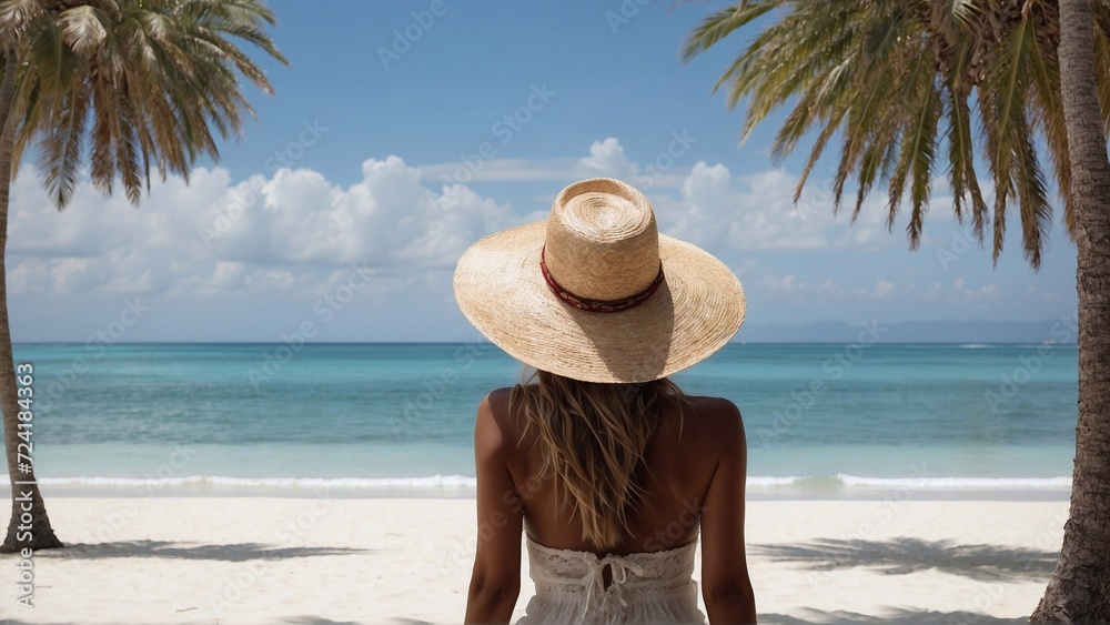 woman in straw hat on the beach with palms, vacation banner