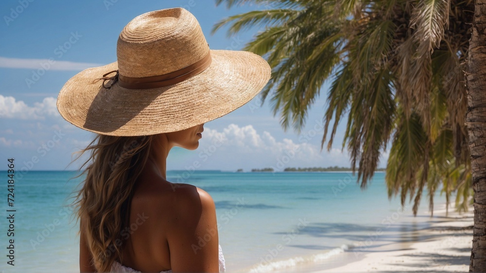 woman in straw hat on the beach with palms, travel banner