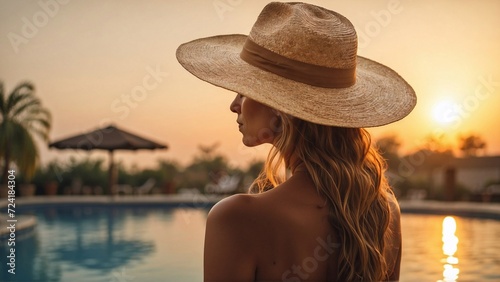 woman in straw hat looking over pool at sunset, vacation banner © Денис Богдан