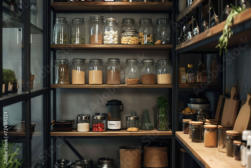 A well-organized pantry displays jars of dry goods on wooden shelves against a dark backdrop, creating a cozy and inviting kitchen atmosphere. organization, well-stocked kitchen.