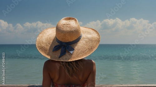 woman in straw hat on the beach, blue seascape, travel banner